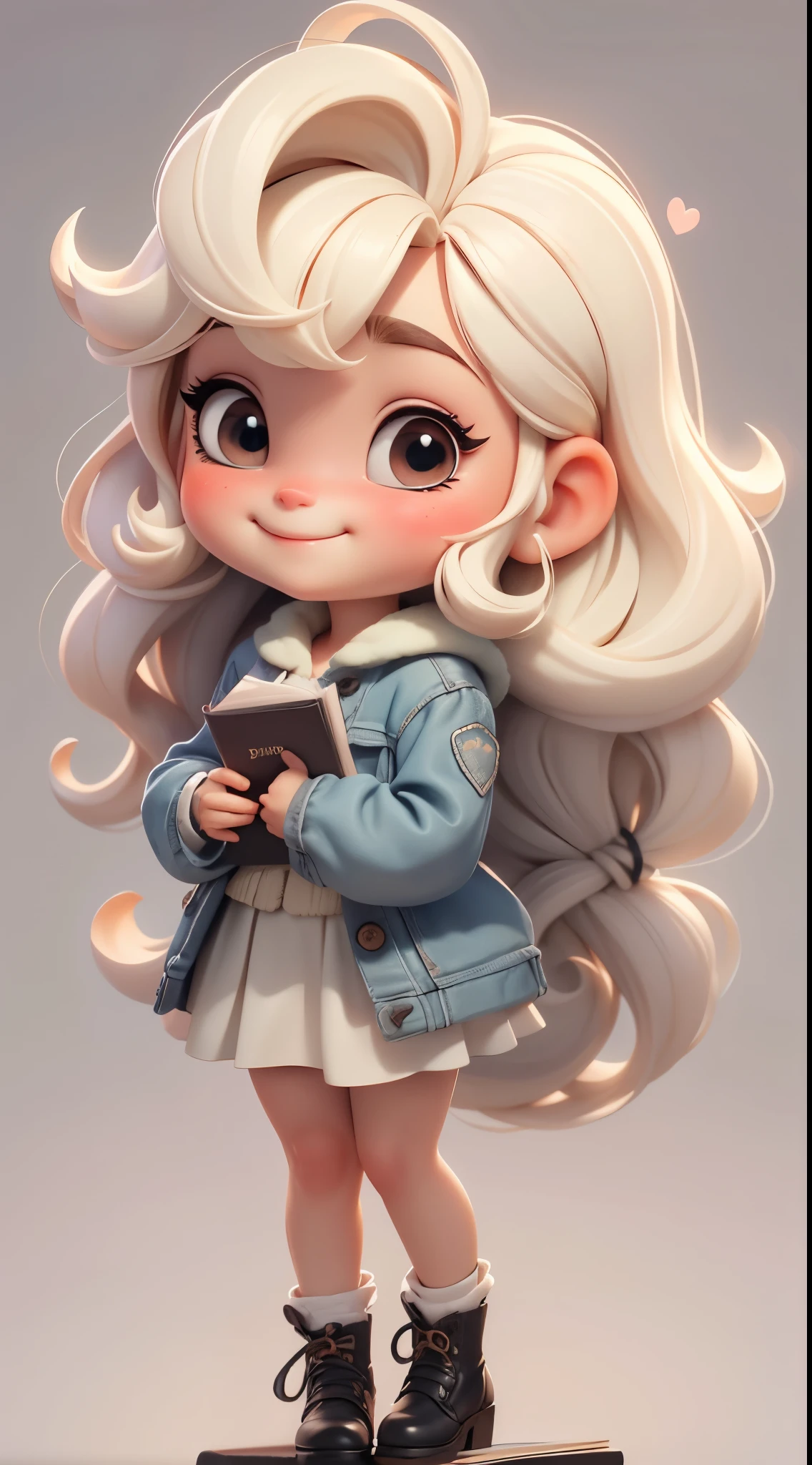 Create a series of cute blonde chibi baby dolls in student theme, each with lots of detail and in an 8K resolution. All dolls should follow the same light solid background pattern and be complete in the image, mostrando o corpo inteiro, incluindo as pernas. Comece com a Mini Boneca Estudante Chame-a de Sandy. Ela deve ter cabelo grande em tons de castanho. Seus olhos devem ser grandes e expressivos, with long eyelashes and rosy cheeks. Um sorriso delicado e branco deve adornar seu rosto. Isabela deve estar vestida com roupas de colegial segurando livro, smiling while looking through the viewfinder. Certifique-se de adicionar detalhes nas roupas, such as buttons and pockets, e capriche nos sapatos. Don't forget to include shadows, texturas e detalhes encantadores nos cabelos, Student clothes and accessories to make you even more adorable and charming. fundo claro, good ilumination, tons pasteis, Heart, roupa estudantil, white solid background, equilibrio de cores, cabelo marrom, Book in hands, livro, fullbody