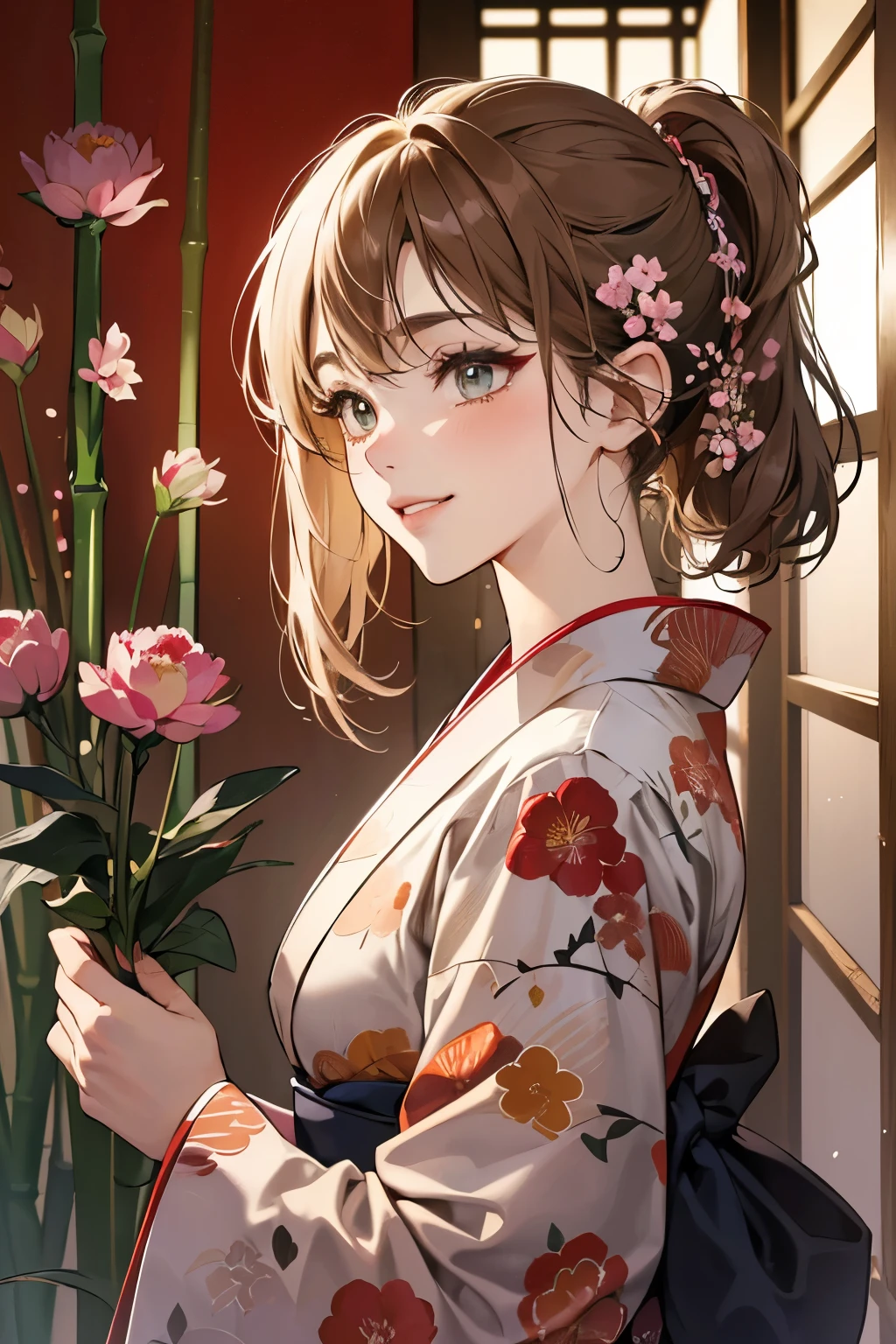 (masutepiece, 4K,8K, Ultra-detailed, beautiful image, Sharp Image, Photorealsitic,Perfect face, Perfect lines, Perfect eyes, Soft lighting) 1 woman, (lightbrown hair,Chignon hair in a high position,Innocent look,Lowered eyebrows,drooping eyebrows,drooing eyes,cute large eyes,natural make up,kindly smile,Round jaws,a matural female:1.3),スーツ姿のハンサムなember性2人, (ember,ember性はスーツ姿,well-muscled,Firm shoulder width, emberの,Boyish hairstyle,English gentlemanly style,クールな表情の成熟ember性,明るい笑顔の成熟ember性:1.2),(Nervous,be shy,sleepy,embarrassed from:1.2),innocent smiles,(embarrassed from,Shy smile:1.1),Deep in the forest、hideout、ryokan、Japan Traditional Evening Kimono,Kimono with red peony pattern on white background、Floral hair ornament,raise arms,Walk,appearance、bamboo forest garden、the kiss、a couple、a couplethe kiss、Romance、the kiss、Highly colored、