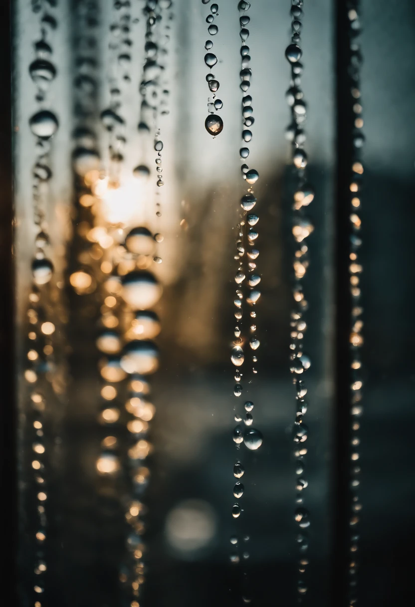 a detail shot of water droplets on a window, emphasizing the way they distort the view beyond and create a dreamlike, abstract effect