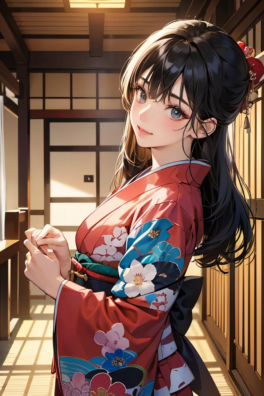 (masutepiece, 4K, 8K,beautiful image, Sharp Image, Photorealsitic,Perfect face, Perfect lines, Perfect eyes, Soft lighting) ,1 woman, (Black hair,straight haired,Bullish gaze,Beautie,ellegance,Solid makeup,a matural female,small tits:1.3),スーツ姿のハンサムなember性2人, (ember,ember性はスーツ姿,well-muscled,Firm shoulder width, emberの,Boyish hairstyle,English gentlemanly style,クールな表情の成熟ember性,明るい笑顔の成熟ember性:1.2),Show white teeth and smile(embarrassed from,Shy smile:1.1),(Nervous,be shy,sleepy,embarrassed from:1.1),Open your thin mouth,innocent smiles,Dating,Japan Traditional Night Kimono,raise arms,Black floral kimono,ryokan、bamboo forest garden、the kiss、a couple、a couplethe kiss、Romance、Gorgeous long-sleeved kimono