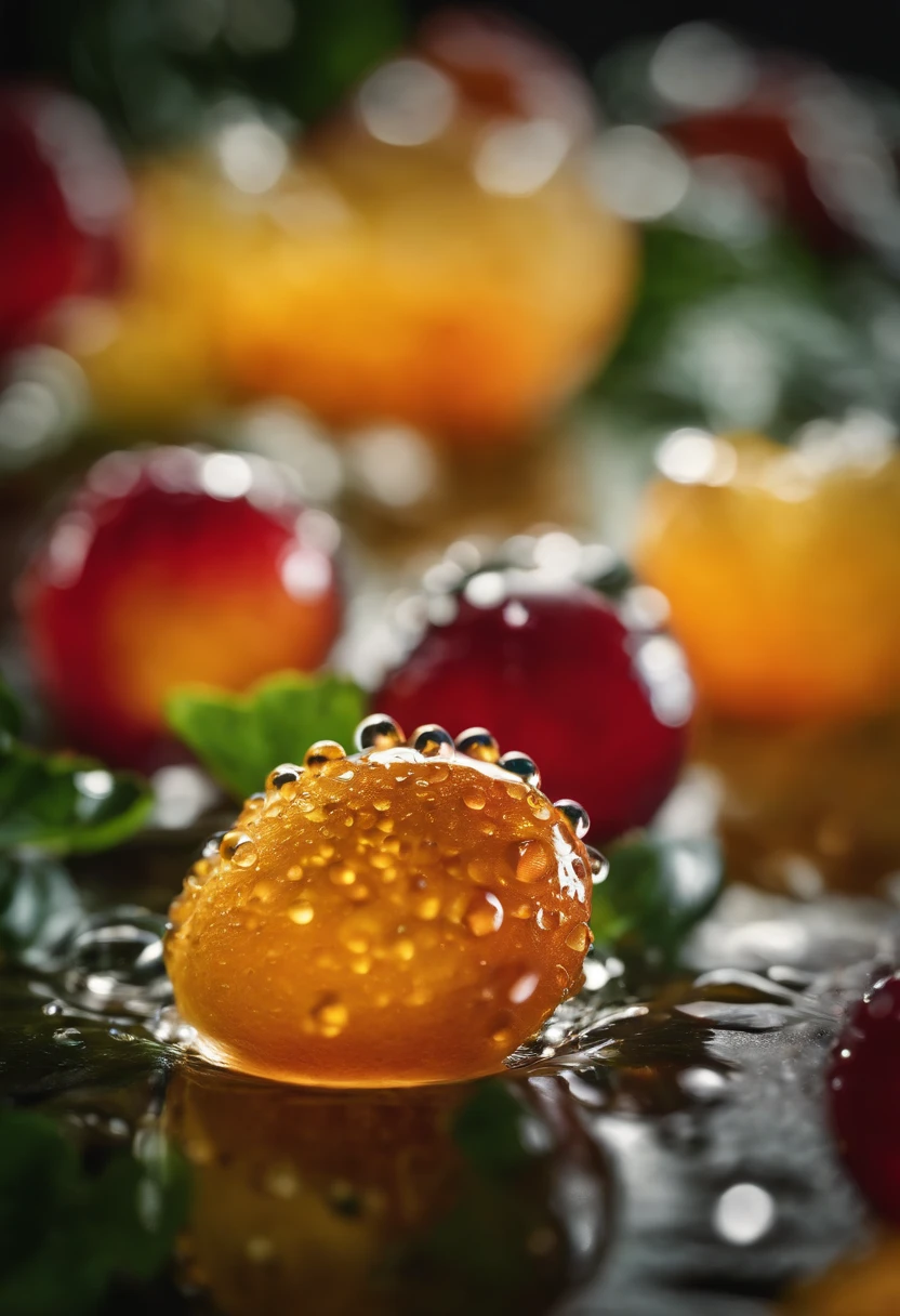 a creative shot of water droplets on a colorful surface, such as a flower or fruit, showcasing the vibrant colors and enhancing the visual impact