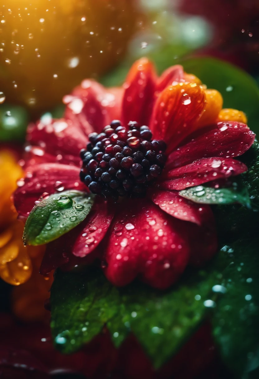 a creative shot of water droplets on a colorful surface, such as a flower or fruit, showcasing the vibrant colors and enhancing the visual impact