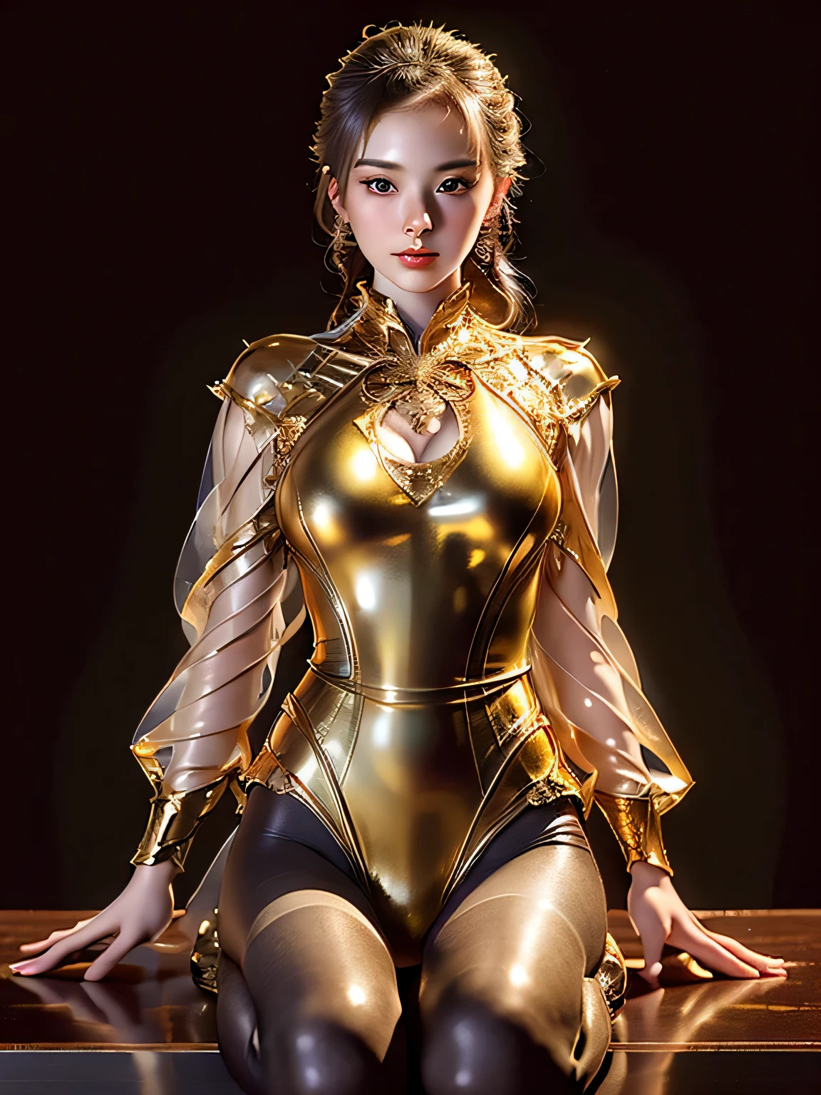 of the highest quality, masutepiece, 超A high resolution, (Photorealistic: 1.4), Raw photo, 1 girl, NSFW, (Handsome Spider-Man Gwen with accurate anatomy body, Golden suit, Ballet Shoes, cute facial features, Perfect face, (Golden ratio body), (Flexible body), Gentle smile, New York City at night, (Handsome gestures), heroism, majestic appearance, Abs 8 Pack, (Golden see-through leotard), ( Big breasts, Beautiful bust,), (Rocket chest), ((Dynamic Pose, Dynamic Angle,)),