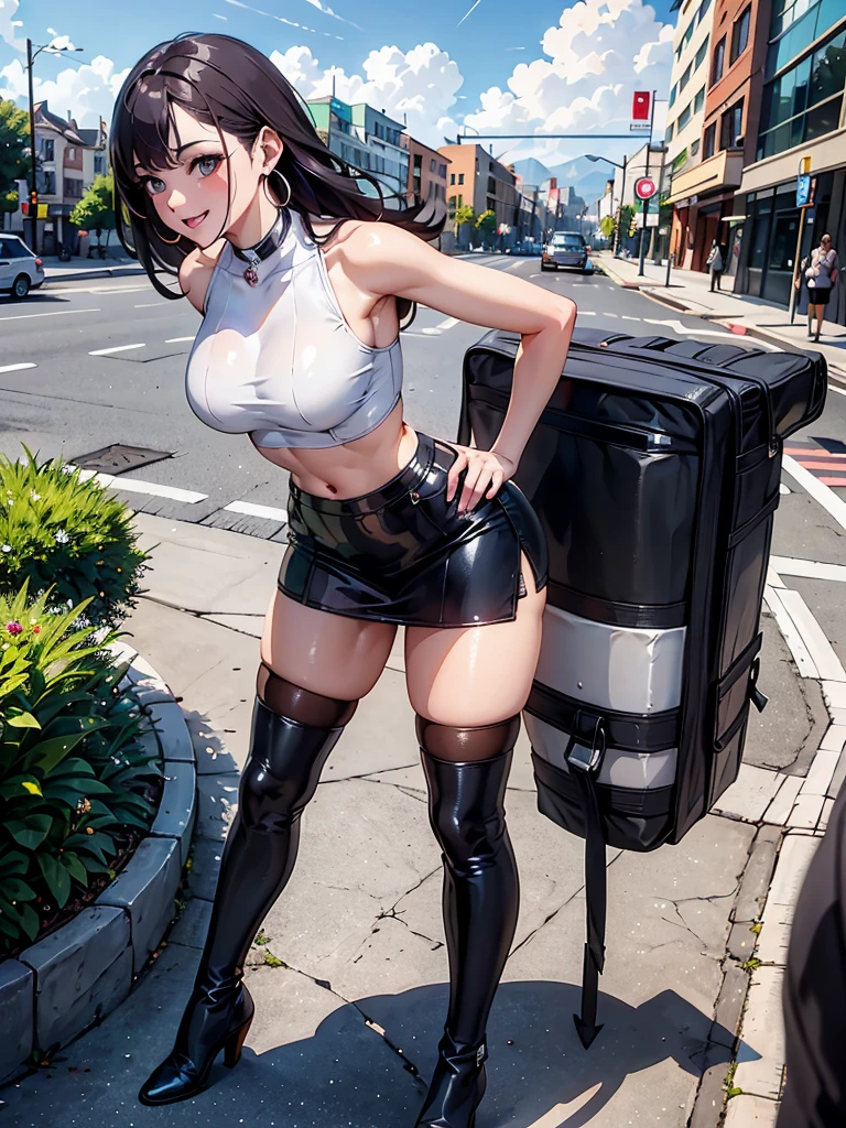 black-american female, white croptop, black leather mini-skirt, knee-high socks, knee-high boots, cityscape background, partly cloudy, long hair, hoop earrings, seductive smile, f/4.0, Nikon, anatomically correct, masterpiece, retina, UHD, 8k