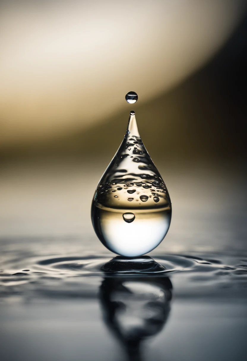 a minimalistic shot of a single water droplet on a clean, reflective surface, focusing on the simplicity and purity of the droplet itself