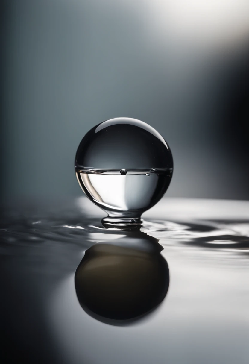 a minimalistic shot of a single water droplet on a clean, reflective surface, focusing on the simplicity and purity of the droplet itself