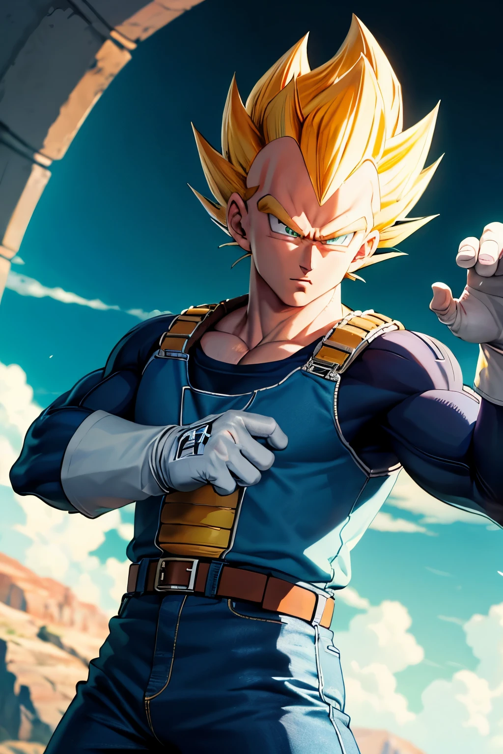 (masterpiece, best quality: 1.2), cowboy shot, solo, male focus, 1boy, vegeta, serious, looking at the viewer, spiked yellow hair, green eyes, armor, white gloves, martial arts