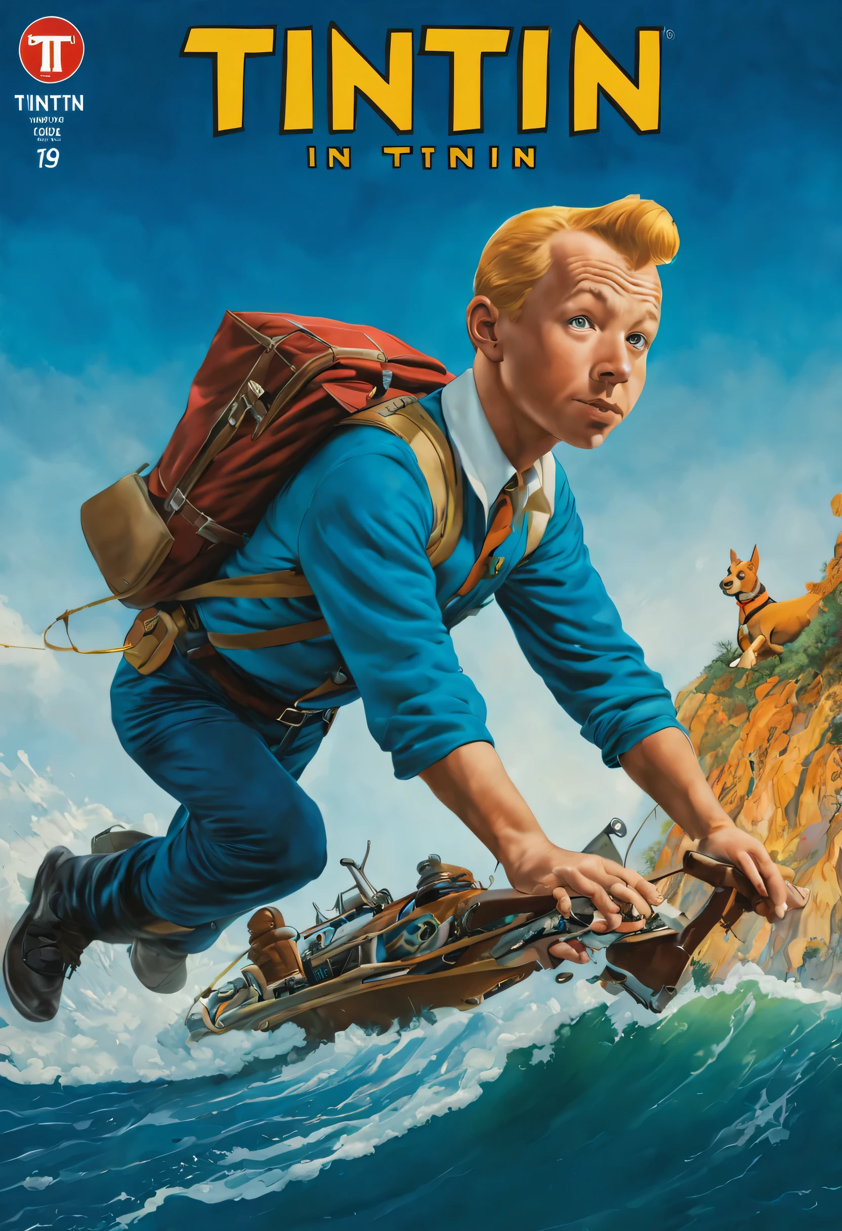 comic cover of ((Tintin)) in the art style of Glenn Fabry, Hyper-realistic colorful rendering with intricate lines and shading., pulp atmosphere, Dynamic composition and nuanced details., Arte en serie, Medio ambiente natural, and girls