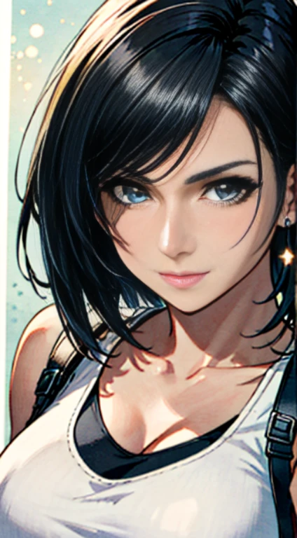 trends in the art station, trends on CGsociety, Convoluted, high detailing, Sharp Focus, Dramatic, Starry night sky, Tipha Lockhart in Final Fantasy, Tifa's Original Costume Final Fantasy 7, 25 years old, mature appearance, ,short cut hair、 sketch, masutepiece, Best Quality, Very detailed, 1womanl, A half body, Head to bust image scope, Portrait goals, up close shot, White tank top and black leather skirt, Standing position, Beautiful meticulous eyes, Cute face, Bust, Big Bossom, Beautiful meticulous face, (Plant illustration: 1.5), No exposure to pornography, Bigger breasts,