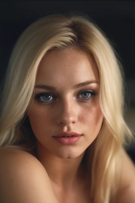 (editorial photograph of a blonde 21 year old woman with large breasts exposed), (highly detailed face:1.4)(blue eyes) (smile:0.7) (background inside dark, moody, private study:1.OV, by lee jeffries, nikon d850, film stock photograph ,4 kodak portra 400 ,camera f1.6 lens ,rich colors ,hyper realistic ,lifelike texture, dramatic lighting , cinestill 800, large breasts, laying on a couch