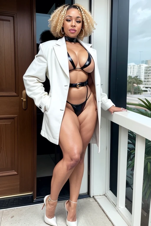 40 year old light skinned black woman, bodybuilder, short hair, big thighs, big muscles, cream long coat tied with big gucci belt, white latex swimsuit, (white stilettos), (high heels), standing next balcony at the house next to marina