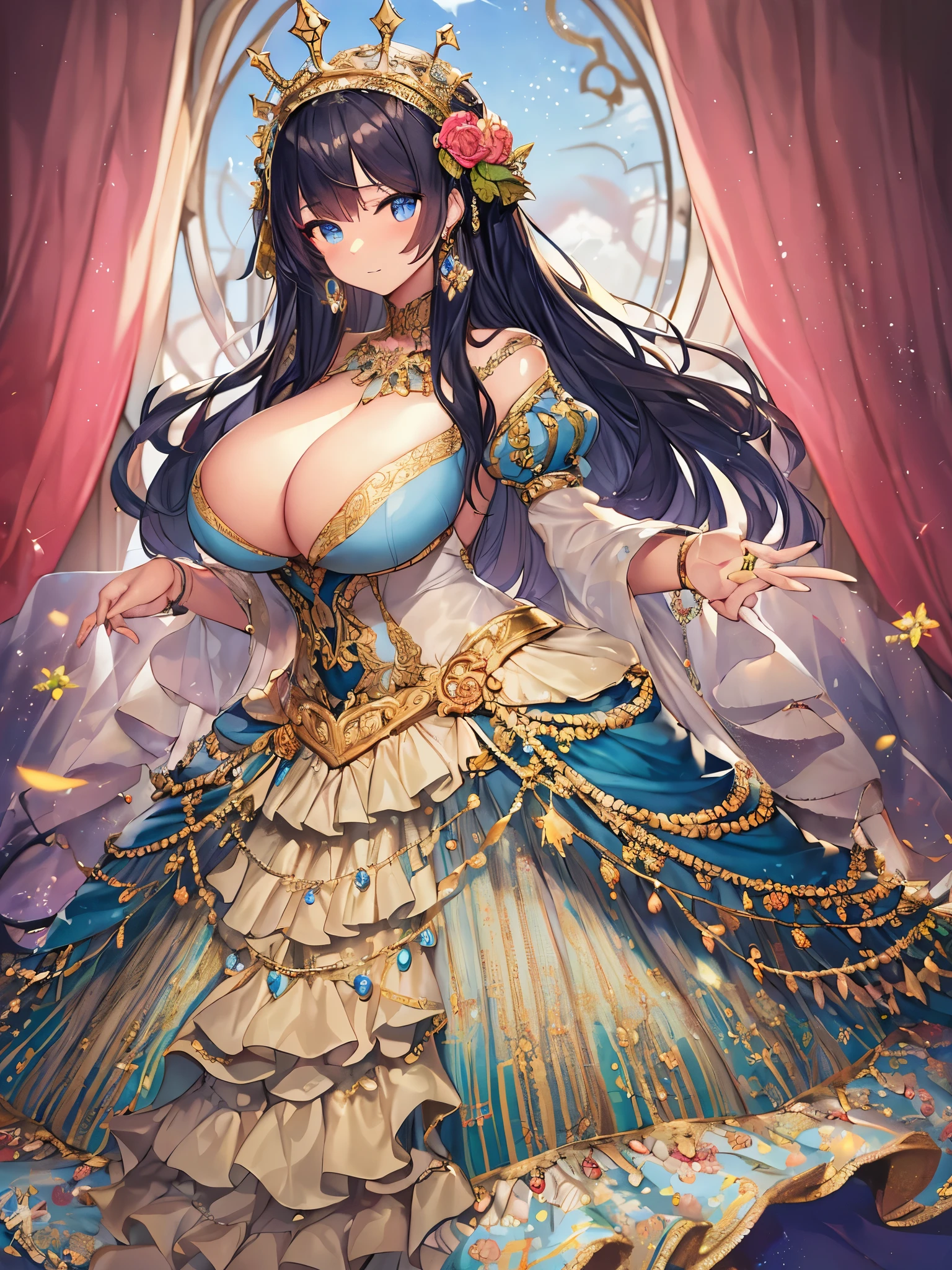 (anime artstyle),Masterpiece,Best Quality,Super Detail,Very Delicate and Beautiful,(((Solo))),((full body)),(((one princess in gorgeous rococo ball gown with voluminous hoop skirt))),((crinoline)),Long train,((((Very gigantic tits,Skindentation)))),cleavage,((gorgeous rococo ballgown with beautiful embroidery and jeweled)),beautiful embroidery and jeweled gorgeous rococo ballgown with many ruffles,beautiful embroidery and jeweled gorgeous rococo ballgown with crinoline,beautiful embroidery and jeweled gorgeous rococo ballgown with crinoline,((gorgeousfull embroidery and lace)),detailed face and eyes,jewel-like eyes,((extremely voluminous straight Hair,Very Long Straight Hair)),gorgeousfull hair ornament,((gorgeousfull jeweled big tiara)),Looking at viewer,((gorgeous princess rococo ball gown with voluminous hoop skirt)),full body,