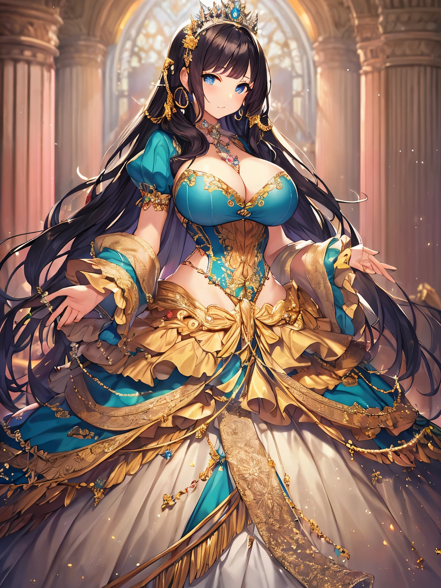 (anime artstyle),Masterpiece,Best Quality,Super Detail,Very Delicate and Beautiful,(((Solo))),((full body)),(((one princess in gorgeous rococo ball gown with voluminous hoop skirt))),((crinoline)),Long train,((((Very gigantic tits,Skindentation)))),cleavage,((gorgeous rococo ballgown with beautiful embroidery and jeweled)),beautiful embroidery and jeweled gorgeous rococo ballgown with many ruffles,beautiful embroidery and jeweled gorgeous rococo ballgown with crinoline,beautiful embroidery and jeweled gorgeous rococo ballgown with crinoline,((gorgeousfull embroidery and lace)),detailed face and eyes,jewel-like eyes,((extremely voluminous straight Hair,Very Long Straight Hair)),gorgeousfull hair ornament,((gorgeousfull jeweled big tiara)),Looking at viewer,((gorgeous princess rococo ball gown with voluminous hoop skirt)),full body,