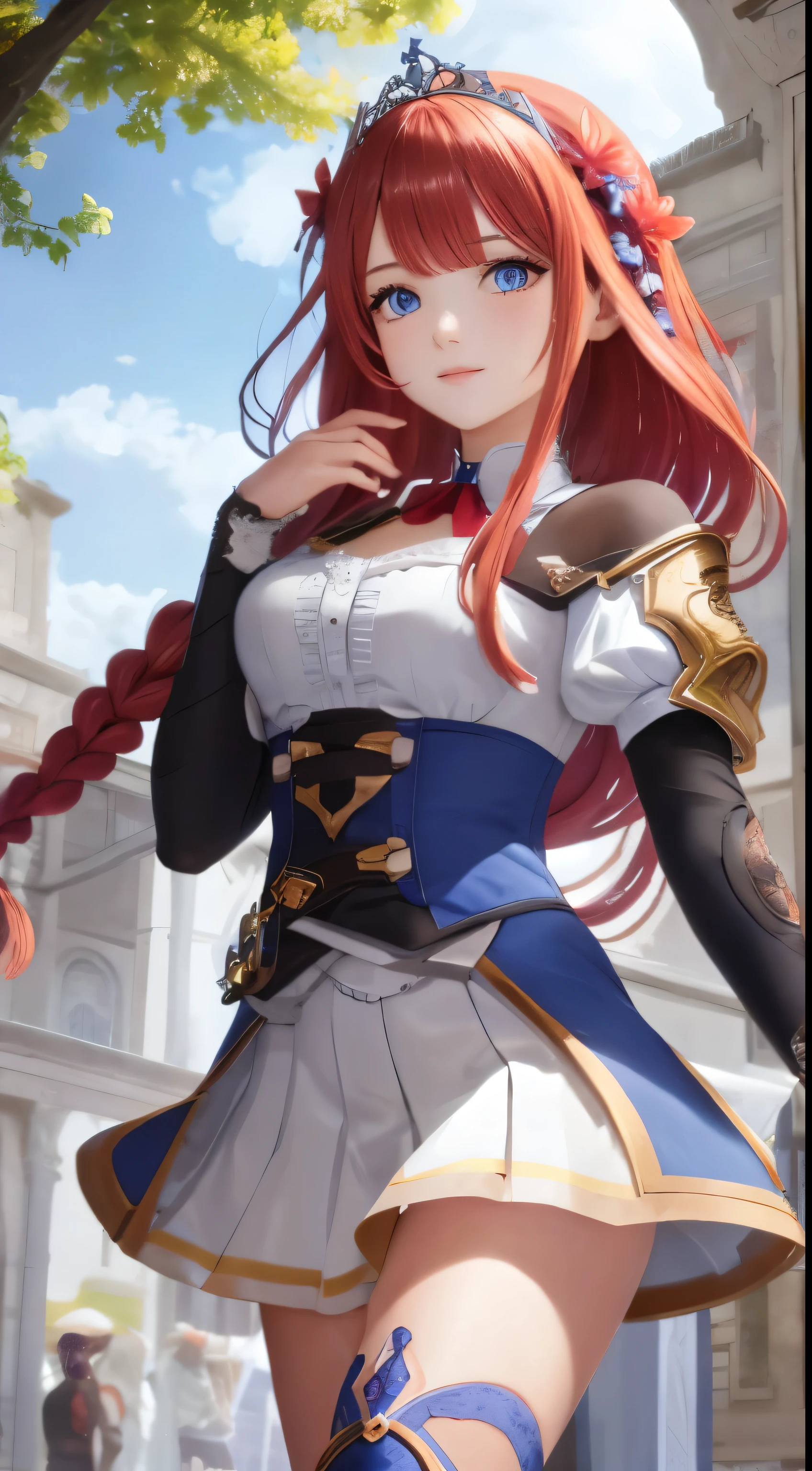 pecorine, pecorine, blue eyes, hair ornament, long hair, orange hair, tiara, braid, hair braid, BREAK arm belt, armor, ascot, blue socks, boots, dress, gloves, hair ornament, open clothes, open dress, pauldrons, pleated skirt, puffy short sleeves, puffy sleeves, red ascot, red skirt, short sleeves, shoulder armor, single pauldron, skirt, socks, white dress, white footwear, white gloves, BREAK looking at viewer, full body, BREAK outdoors, BREAK (masterpiece:1.2), best quality, high resolution, unity 8k wallpaper, (illustration:0.8), (beautiful detailed eyes:1.6), extremely detailed face, perfect lighting, extremely detailed CG, (perfect hands, perfect anatomy),