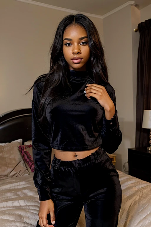 Black woman r Sexy Velvet pants Bedroom Lick her lips