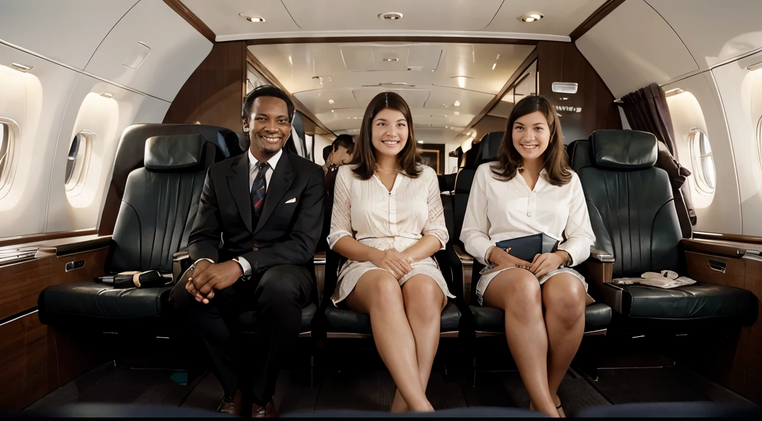 passengers smiling inside a first class of a 747-100 airpline in 1970s