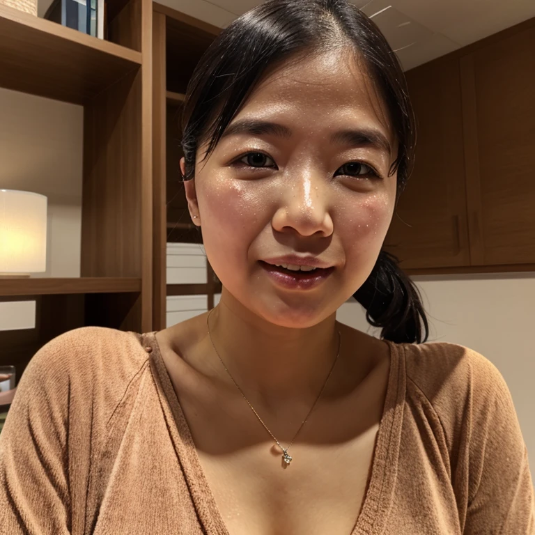 japanese woman, 38 years old, no makeup, urge to pee, submissive, melasma, open mouth, licking thumb, cross eyed, low ponytail, cleavage, (sweating:1.0)