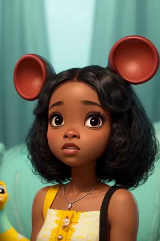 Um filme inspirado na Disney Pixar ( NEGRA JOVEM COM CABELO LONGO CACHEADO PRETO) dentro A cena estar na arte distinta do estilo PIXAR, descolada e estilosa