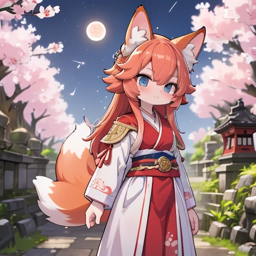 Fox girl, 12 years old, 1 meter tall, peach skin, long scarlet red hair, blue eyes, three whisker marks on each side of her cheeks, small mouth and small nose with two scarlet ears on top of her head. and nine scarlet-red tails protruding from her lower back and D-cup breasts and hourglass figure in a Japanese priestess uniform standing under a blossoming sakura tree next to a stone path on either side along the way fox monuments made of stone and a sintuistic temple at the end of the road with vegetation around and a clear night and a red lunar eclipse in the background