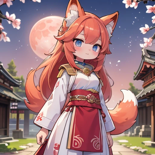 Fox girl, , 1 meter tall, peach skin, long scarlet red hair, blue eyes, three whisker marks on each side of her cheeks, small mouth and small nose with two scarlet ears on top of her head. and nine scarlet-red tails protruding from her lower back and D-cup breasts and hourglass figure in a Japanese priestess uniform standing under a blossoming sakura tree next to a stone path on either side along the way fox monuments made of stone and a sintuistic temple at the end of the road with vegetation around and a clear night and a red lunar eclipse in the background