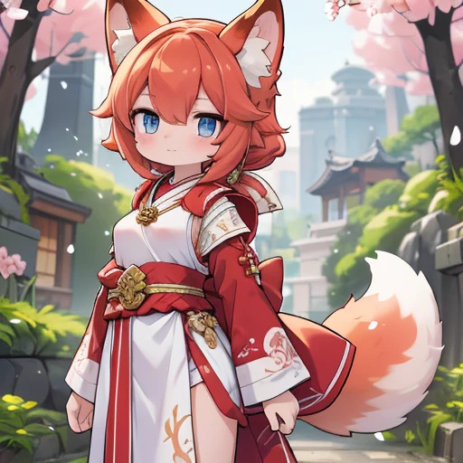 Fox girl, 12 years old, 1 meter tall, peach skin, long scarlet red hair, blue eyes, three whisker marks on each side of her cheeks, small mouth and small nose with two scarlet ears on top of her head. and nine scarlet-red tails protruding from her lower back and D-cup breasts and hourglass figure in a Japanese priestess uniform standing under a blossoming sakura tree next to a stone path on either side along the way fox monuments made of stone and a sintuistic temple at the end of the road with vegetation around and a clear night and a red lunar eclipse in the background