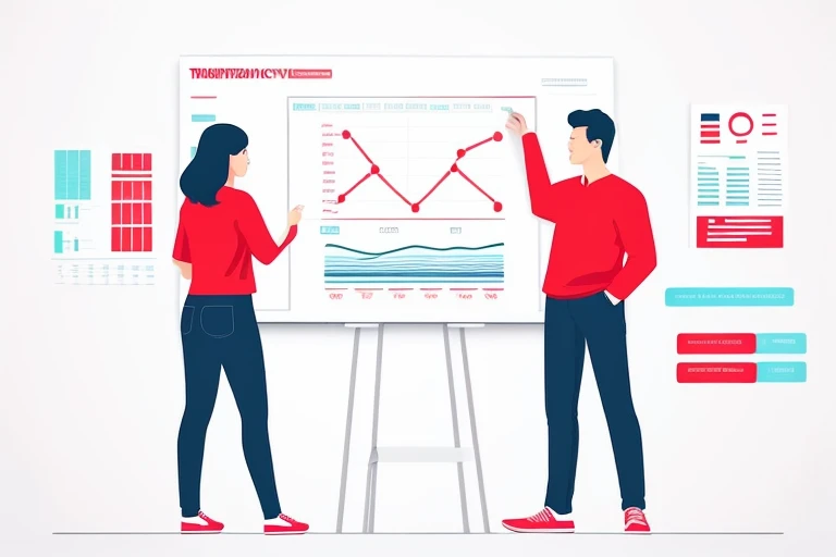 two people standing in front of a whiteboard with graphs on it, marketing illustration,  and clean illustration,  illustration, infographic with illustrations, marketing game illustration, corporate animation style, flat illustration, proffesional illustration, take control of your data, modern illustration, red color theme, red and white color theme, ui and ux, whole page illustration, illustration detailed