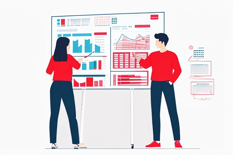 two people standing in front of a whiteboard with graphs on it, marketing illustration, and clean illustration, illustration, infographic with illustrations, marketing game illustration, corporate animation style, flat illustration, proffesional illustration, take control of your data, modern illustration, red color theme, red and white color theme, ui and ux, whole page illustration, illustration detailed