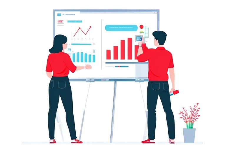 two people standing in front of a whiteboard with graphs on it, marketing illustration, and clean illustration, illustration, infographic with illustrations, marketing game illustration, corporate animation style, flat illustration, proffesional illustration, take control of your data, modern illustration, red color theme, red and white color theme, ui and ux, whole page illustration, illustration detailed
