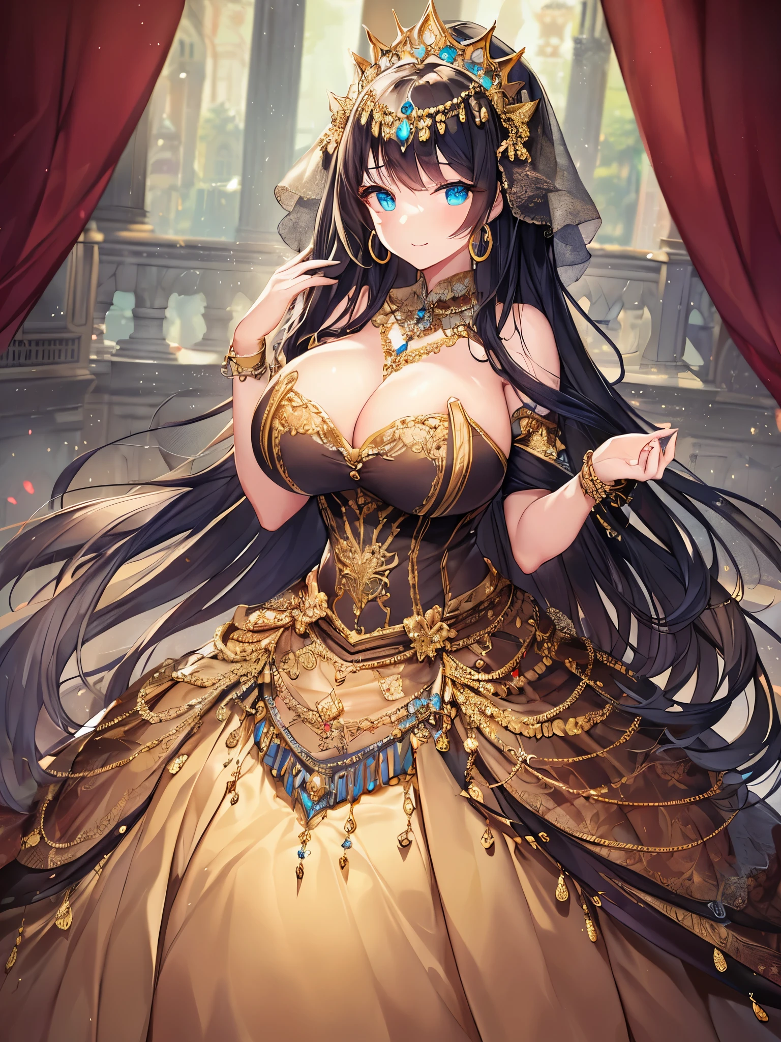 (anime artstyle),Masterpiece,Best Quality,Super Detail,Very Delicate and Beautiful,(((Solo))),((full body)),(((one princess in gorgeous rococo ball gown with voluminous hoop skirt))),((crinoline)),Long train,((((Very gigantic tits,Skindentation)))),cleavage,((gorgeous rococo ballgown with beautiful embroidery and jeweled)),beautiful embroidery and jeweled gorgeous rococo ballgown with many ruffles,beautiful embroidery and jeweled gorgeous rococo ballgown with voluminous hoop skirt,beautiful embroidery and jeweled gorgeous rococo ballgown with voluminous hoop skirt,((gorgeousfull embroidery and lace)),detailed face and eyes,jewel-like eyes,((extremely voluminous straight Hair,Very Long Straight Hair)),gorgeousfull big hair ornament,((gorgeousfull jeweled big tiara)),Looking at viewer,((gorgeous princess rococo ball gown with voluminous hoop skirt)),full body,