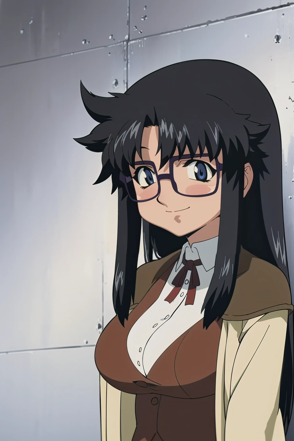 YR, 1girl, solo, upper body, portrait, sticker blush, smile, looking at viewer, glasses, long skirt, coat, vest, ribbon, long sleeves, messy hair, fine detail, perfect quality, good quality, masterpiece, HDR, UHD full body, refsheet, flipflops, huge breast,full body, flipflops, refsheet