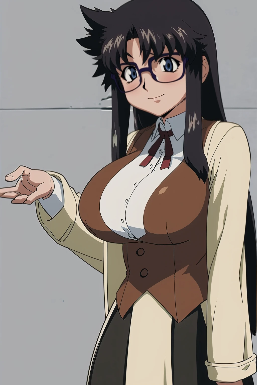 YR, 1girl, solo, upper body, portrait, sticker blush, smile, looking at viewer, glasses, long skirt, coat, vest, ribbon, long sleeves, messy hair, fine detail, perfect quality, good quality, masterpiece, HDR, UHD full body, refsheet, flipflops, huge breast,full body, flipflops, refsheet