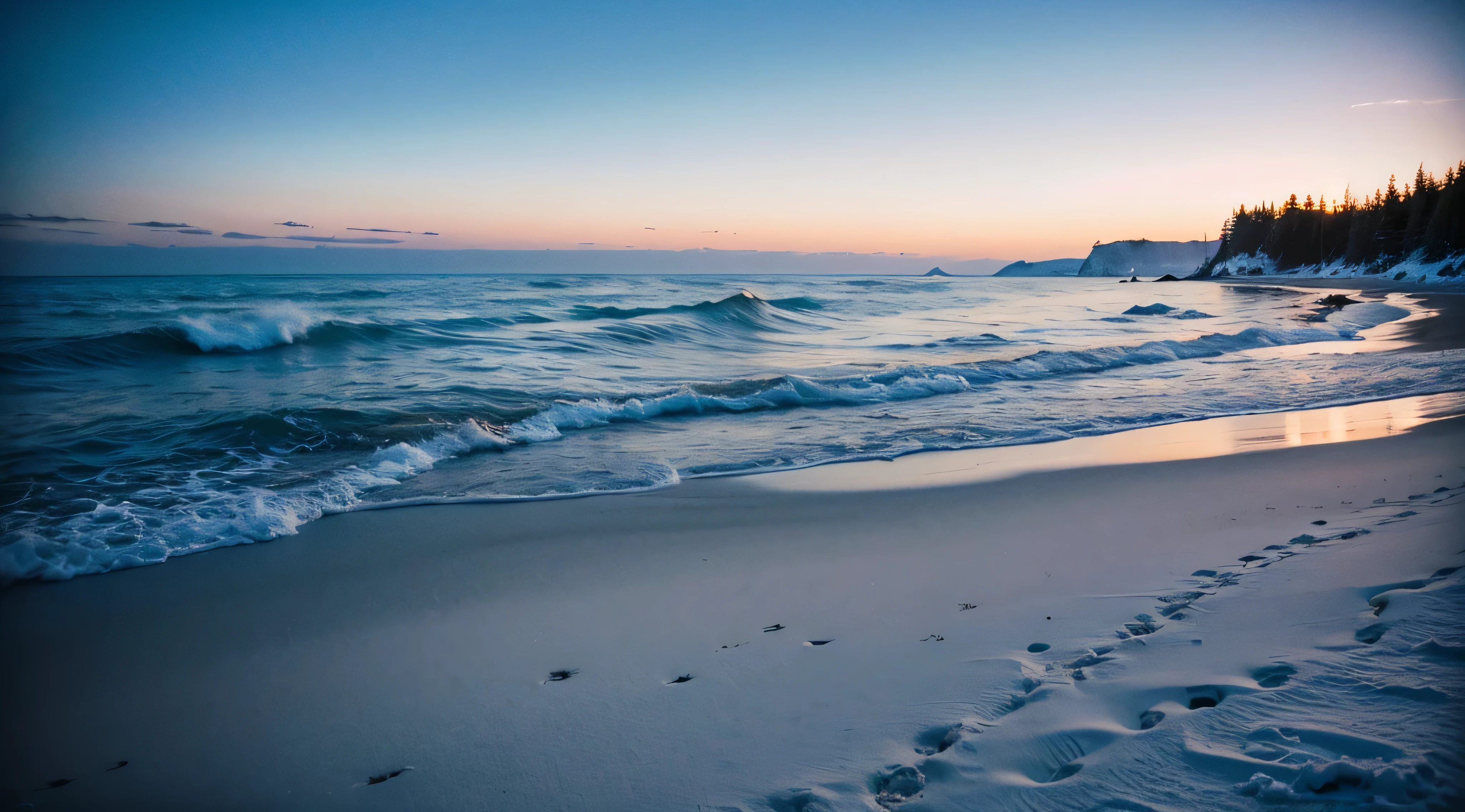 snowy coast ,quiet calm in the ocean, snowy sandy beach at dawn, A lot of snow , Clear Focus, Good focus, High texture detail, Hyper-realistic visuals,8K, f/45mm, Ultra HD 8K