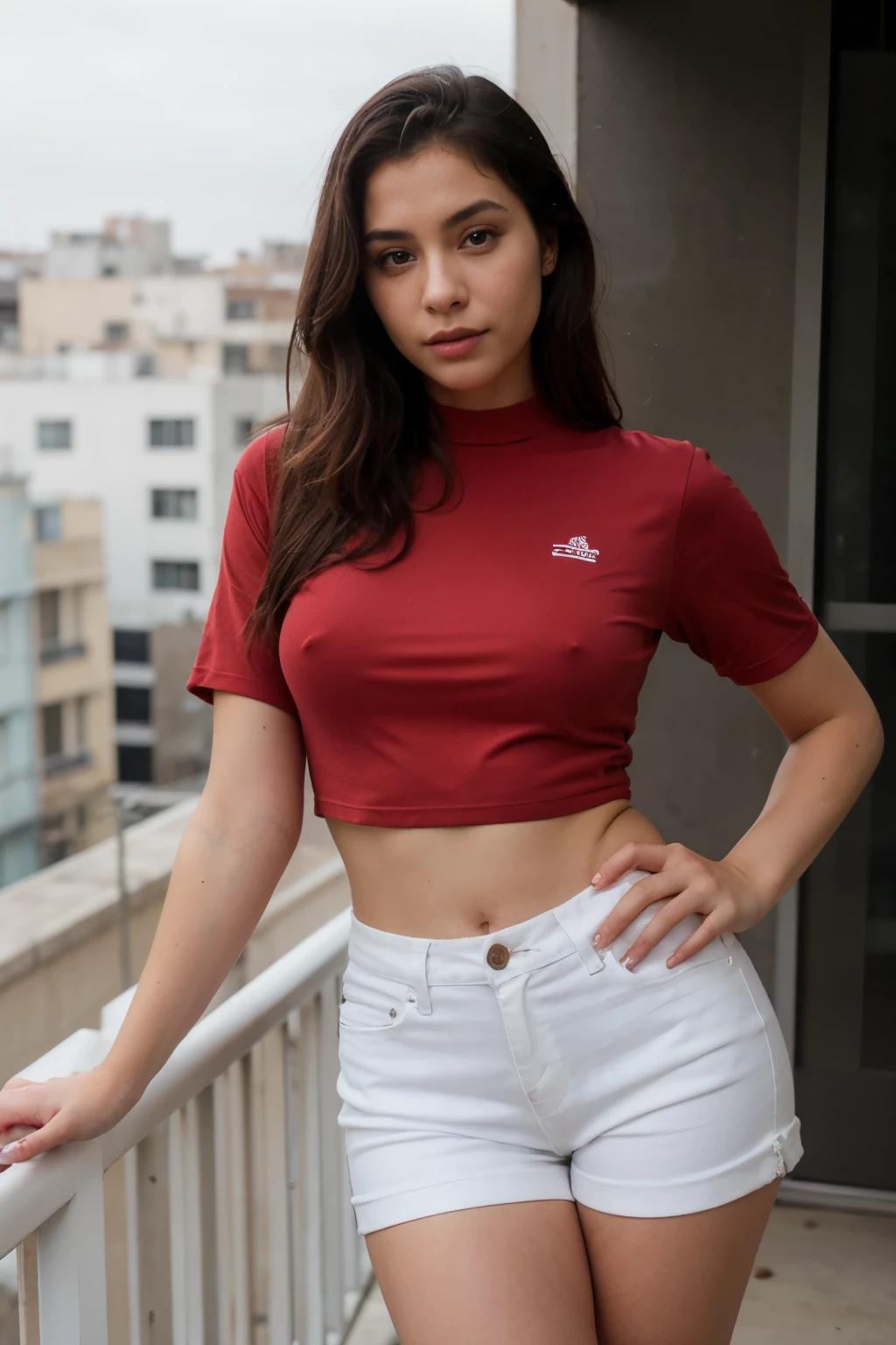 photo of a beautiful latina model wearing a red shirt and denim short, in the balcony, looking at the camera, posing like a model