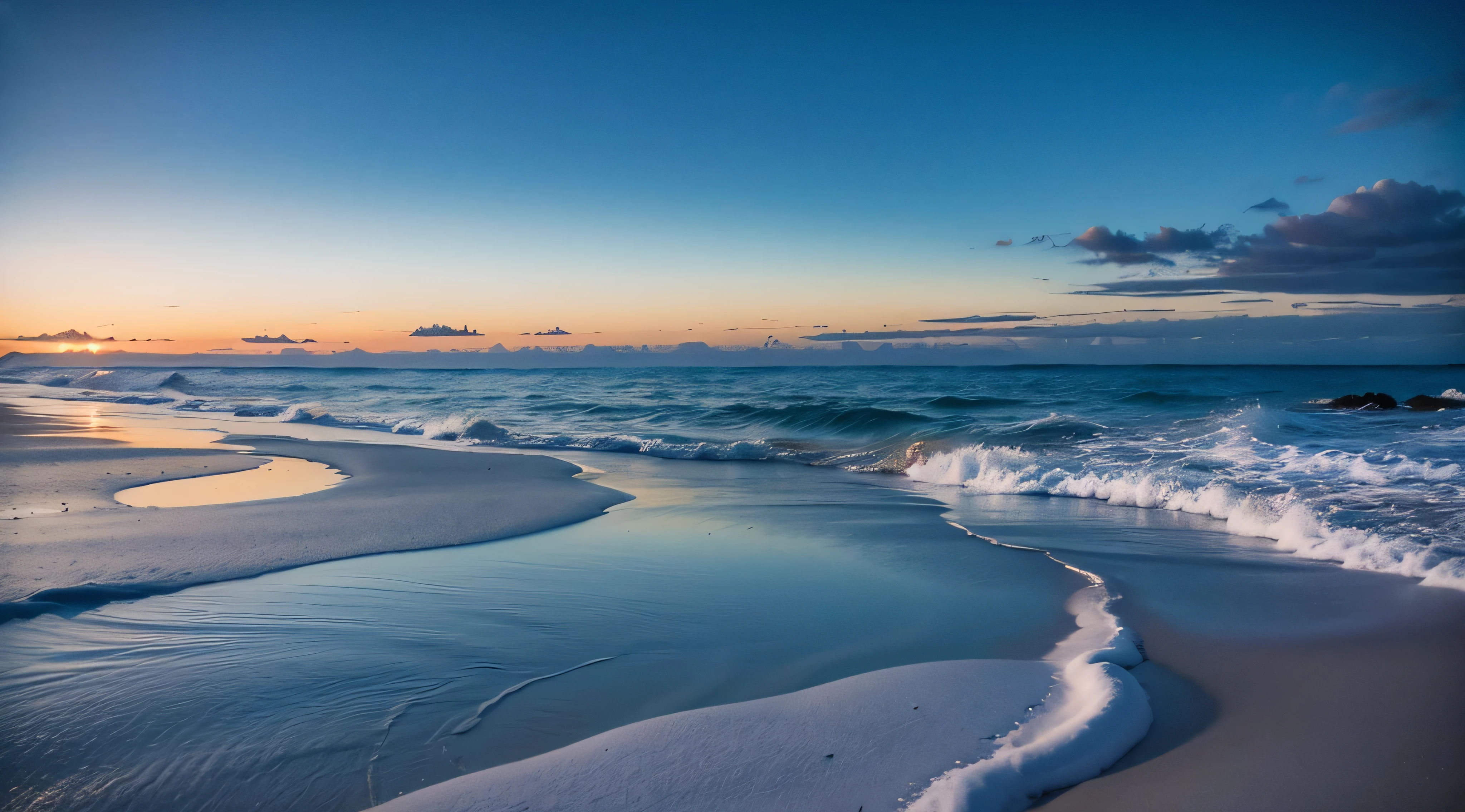 snowy coast ,quiet calm in the ocean, snowy sandy beach at dawn, A lot of snow , Clear Focus, Good focus, High texture detail, Hyper-realistic visuals,8K, f/45mm, Ultra HD 8K
