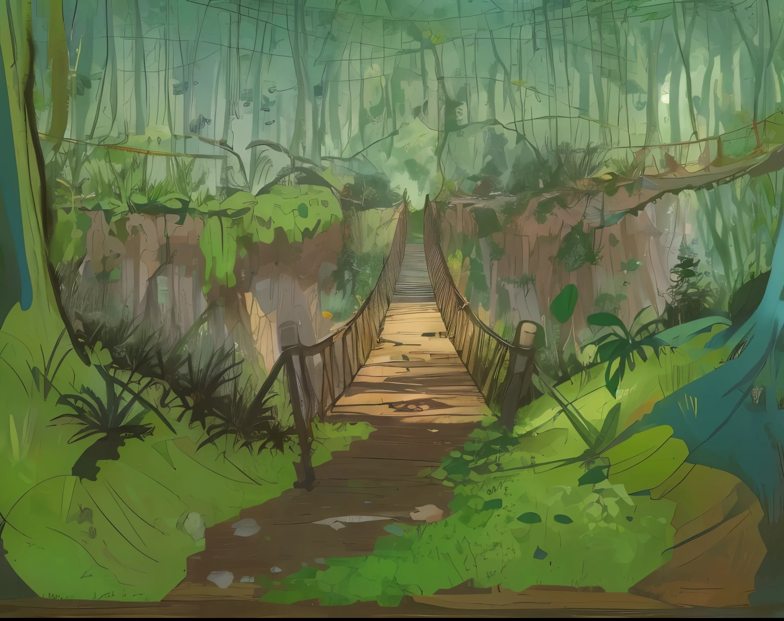 path through the dense forest opening upon a rickety rope footbridge spanning a chasm. Trees, rocks, bushes, brush, erosion, roots, cliff