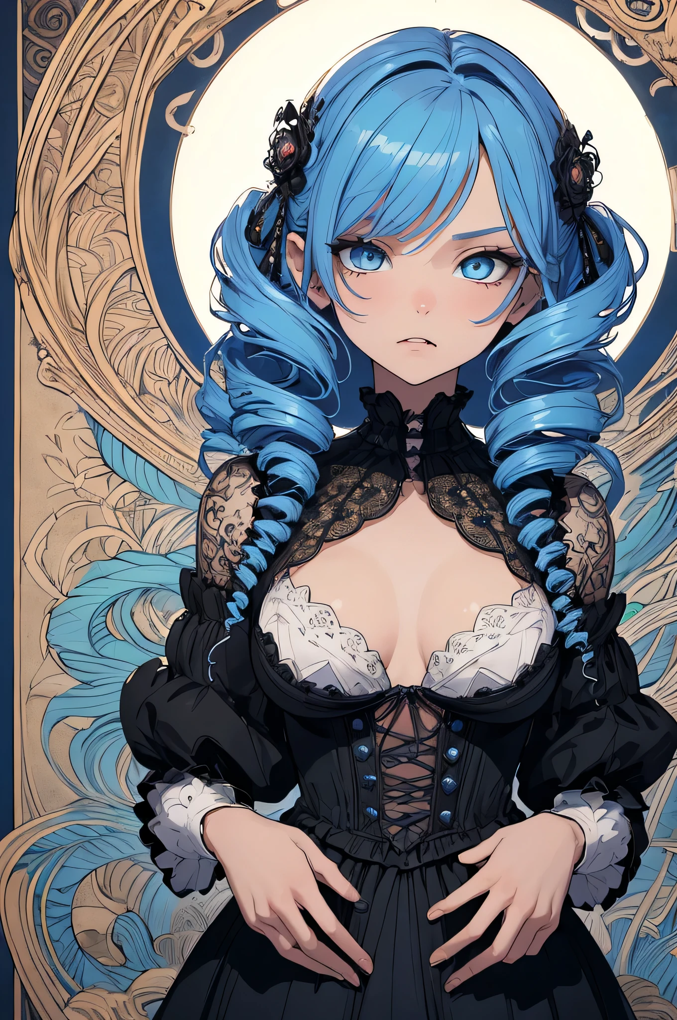 ((super detailed illustration)), (masutepiece, 8K), (Best Quality, High quality), Perfect Anatomy, super detailed, super detailed, perfect design, 20yr old, (((native american girly))), Mature face, head portrait, short dark hair, sface focus, Adults, business suit, jaket, white shirt, tie, Pants, best qualtiy, Details of face, ((Blue hair)), ((tusk)), (((Drill Hair))), ((Blue eyes:1.2)), Big eyes, ((Gothic)), ((Gothic ta)), hair between eye, Buddhist painting, (Beautiful eyes: 1.1), Absurd, super detailed, High resolution, Detailed background, (Art Nouveau: 1.2), flowing lines, organic shape, complex pattern, decorative design, elegant forms, Natural Inspiration, Zentangle Pattern, Structured design, Repeating shapes, Contemplative Drawing, Creative expression, Intricate details