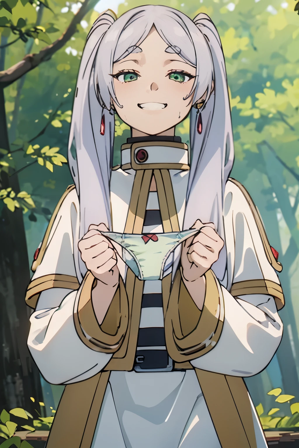 (Best Quality, Masterpiece),sexy,  erotic, 1girl, 18 years old, Contempt, pride, silver hair, 2 ponytails, ((official outfit)), ((((panties)))), small breasts, ((cowboy shot)), (from below), looking at viewer, (green eyes), ((forest)), pantyhose, (lifting skirt), looking down, underdress, ((((panties))))