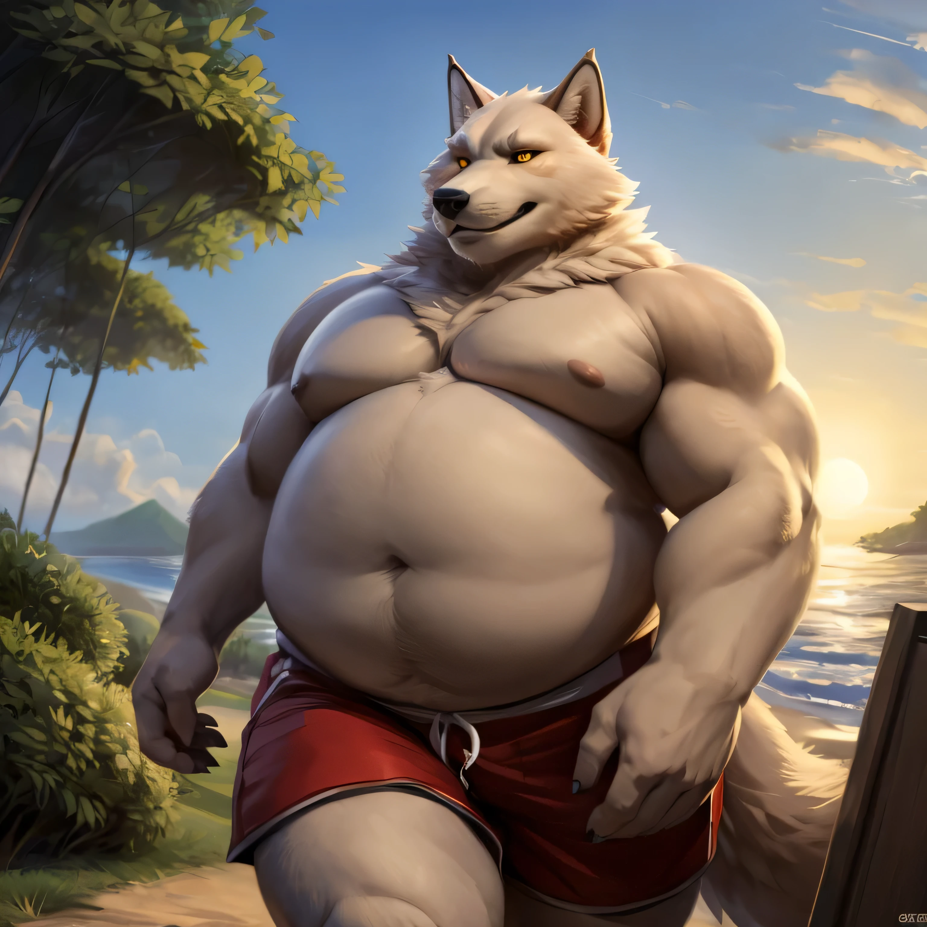 male, furry, big wolf, Komamura Sajin Bleach, very fat, bigger wider chubby face, yellow eyes, (detailed wolf eyes:1.2) thick eyebrows, misterious smile, extremely chubby ( facial cheeks:1.1, insanely chubby face ) POV, (((full body view))) cream fur, white beard, overweight male, white belly, chubby belly, big belly, round belly, obese body, enormous body, massivegut, dynamic angle, musclegut, fat fetish, fat belly fetish, mature male, breast clusters, chubby feet, big feet, chubby toes, round toes, ( shorts ) mystikfox61, by darkgem, by glitter trap boy, by bebebebebe, by null-ghost, by morethreedee, by seibear, ), Low Light: 1.2, ( 8k, UHD, Gorgeous Light and Shadows, Detailed facial portrayal, highest quality, masterpiece, ultra high detailed, official art, utra detailed, deep shadows, dynamic shadows, HDR, deep of field, utra detailed fur ,cinematic lighting, 8k, shooting with Hasselblad X1D-50, maximum focus, depth of field, perfect lighting, light particleest quality, ultra detailed body, cinematic, sharp focus, correct anatomy, right hands, correct hands, correct head, detailed background, (Sajin walking on park path, trees, bushes, sky, sun ocean and beach). Use a high-resolution 32k camera with a 16:9 aspect ratio, a raw style, and a quality setting of 2. –ar 16:9 –v 5.2 –style raw –q 2 –s 750,