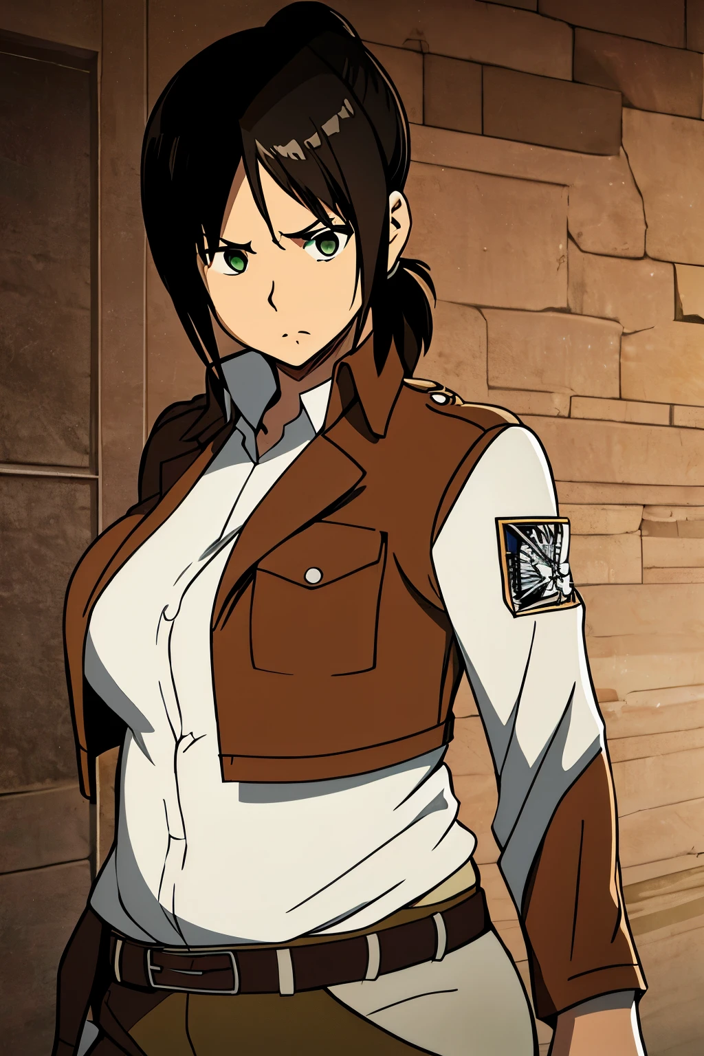 1 girl, ponytail attack on titan cosplay, scout regiment jacket, cropped brown leather jacket, white shirt, fat, small tits, flat chest, black hair, fat belly, round face