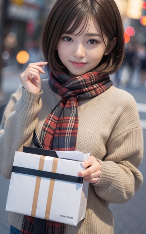 Cute 21 years old Japan、early evening、shopping、Super Detail Face、Eye of Detail、二重まぶた、beautiful thin nose、foco nítido:1.2、prety woman:1.4、(light brown hair,short cut hair, White skin、top-quality、发光、​masterpiece、超A high resolution、(Photorealsitic:1.4)、cute fancy winter clothes、colorful muffler、The best smile、C Cup、No exposure、