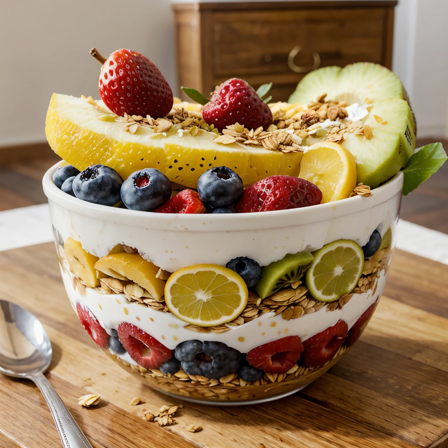 Fruit Breakfast Bowl:
Try a breakfast bowl with Greek yogurt, granola e uma variedade de frutas frescas, providing a balanced and nutritious combination.