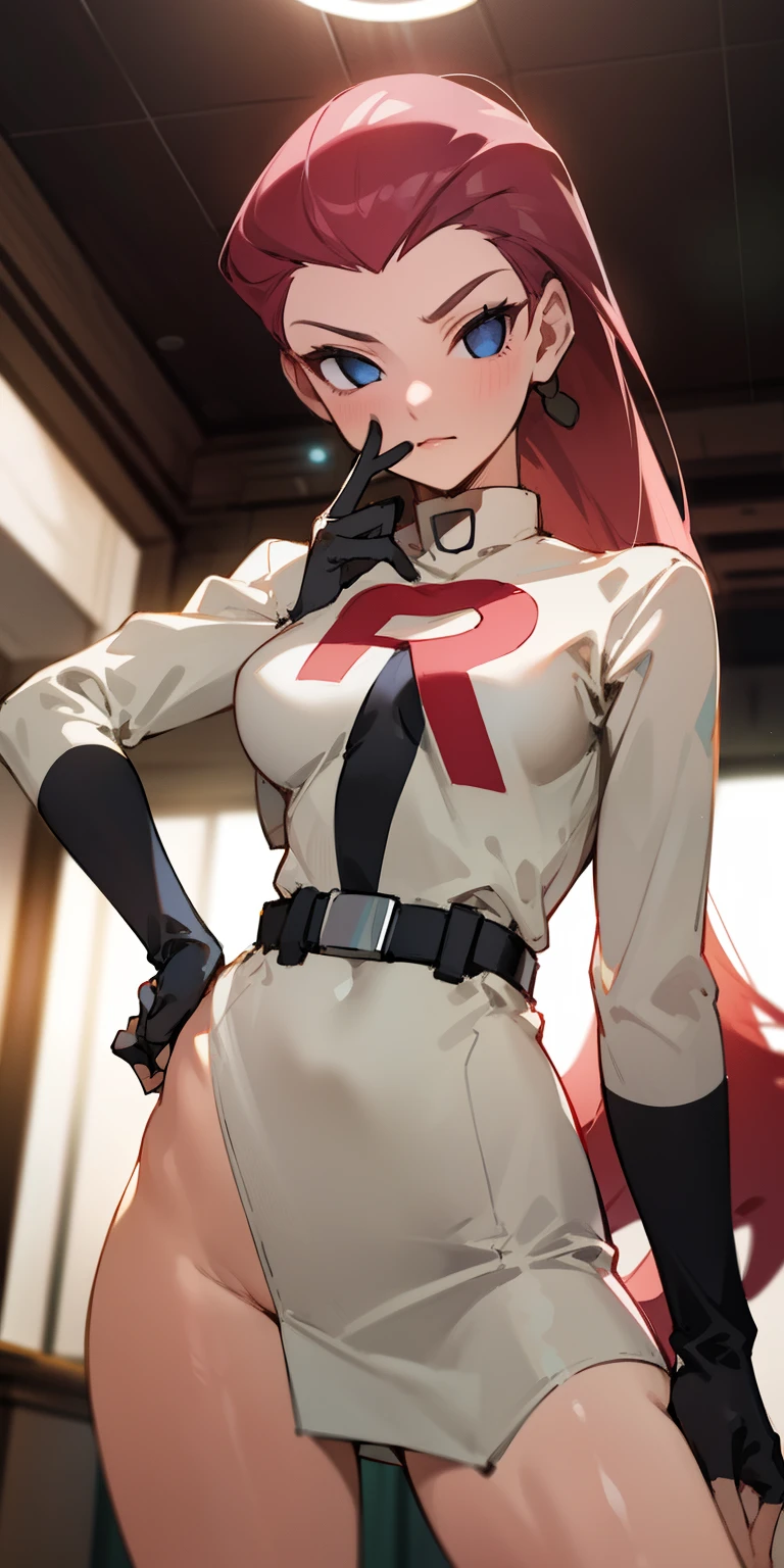 (Masterpiece),Best Quality, ultra-detailed, perfect hands (Delicate finger expression),perfect legs, Delicate eye expression, delicate face expression, female, jessie, long hair slicked back , blue eyes(empty eye),naked body,Slender and sexy body, Moderate and pretty breasts,Blank face, closed mouth, Solo, nude,white team rocket uniform, dynamic pose, ambient lights, detailed, short black gloves, red r on clothing, skirt lift, cowboy shots, bedroom, standing, Sexy waist teasing,