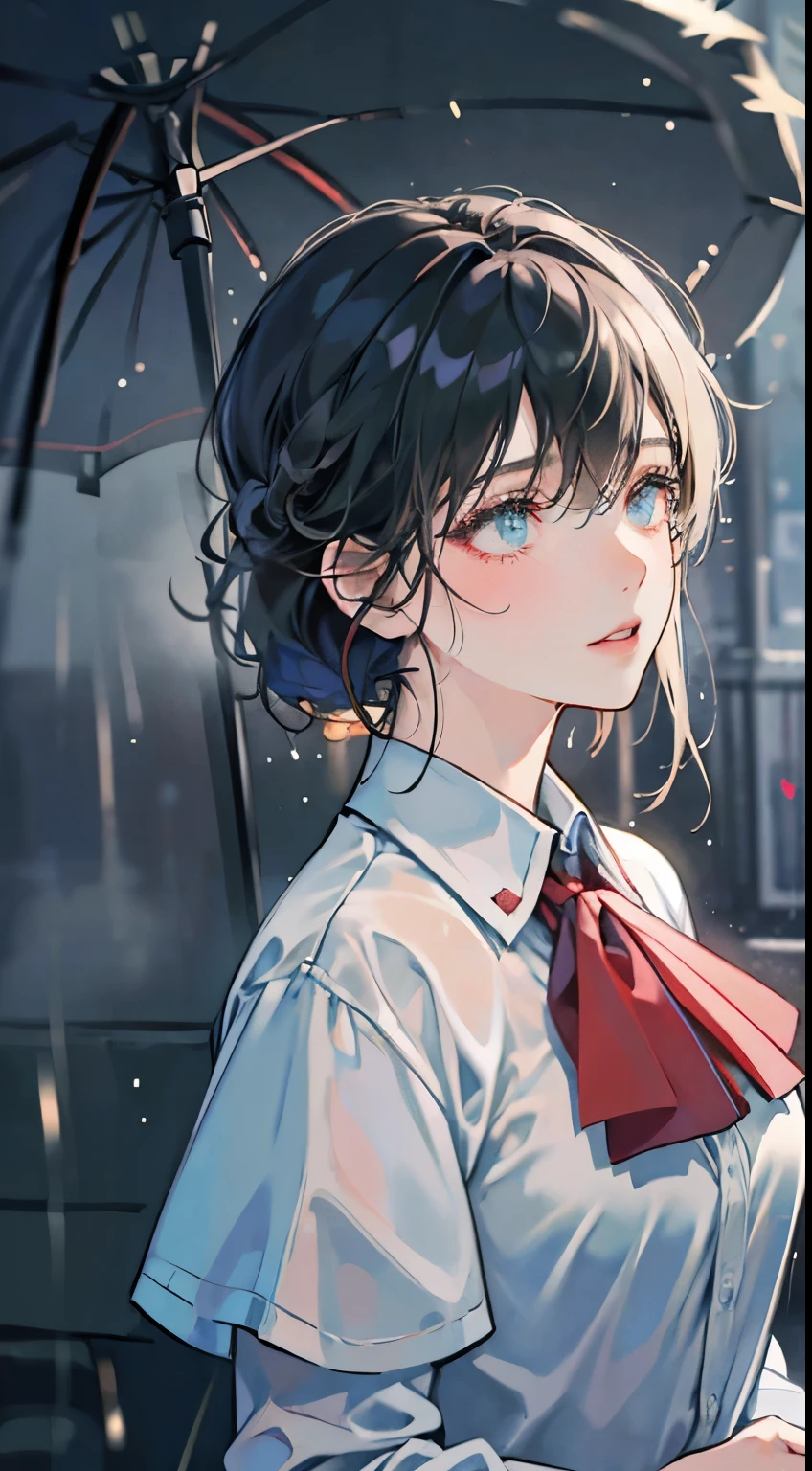 (best quality,ultra-detailed,realistic:1.37),rainy night,hospital entrance,man and woman,detailed facial expressions,falling leaves,romantic atmosphere,streetlights,glistening pavement,gloomy ambiance,emotion in the air,drenched landscape,reflections on wet ground,rain-soaked surroundings,shimmering raindrops,mysterious shadows,subtle color palette,soft lighting,peaceful silence,quiet street,love in the rain,mood lighting,rainy scene,leftover rain puddles,wet umbrellas,close-up shots of faces,man's protective gesture,female's longing gaze,light drizzle,misty atmosphere,clean and modern hospital,soothing sound of raindrops,title: "Hospital Rendezvous"