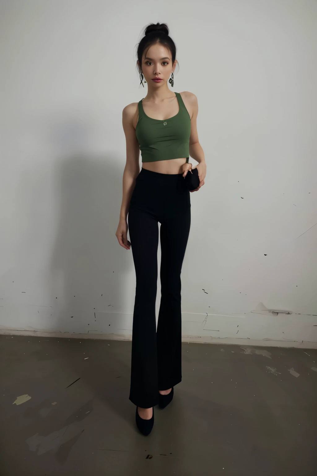 there is a woman standing in a room with a white wall, green and black, black and green, croptop, sexy outfit, very sexy outfit, tight outfit, crop top, sexy look, wearing a sexy cropped top, , bralette, nice view, sexy style, 🎀 🧟 🍓 🧚, tinyest midriff ever
