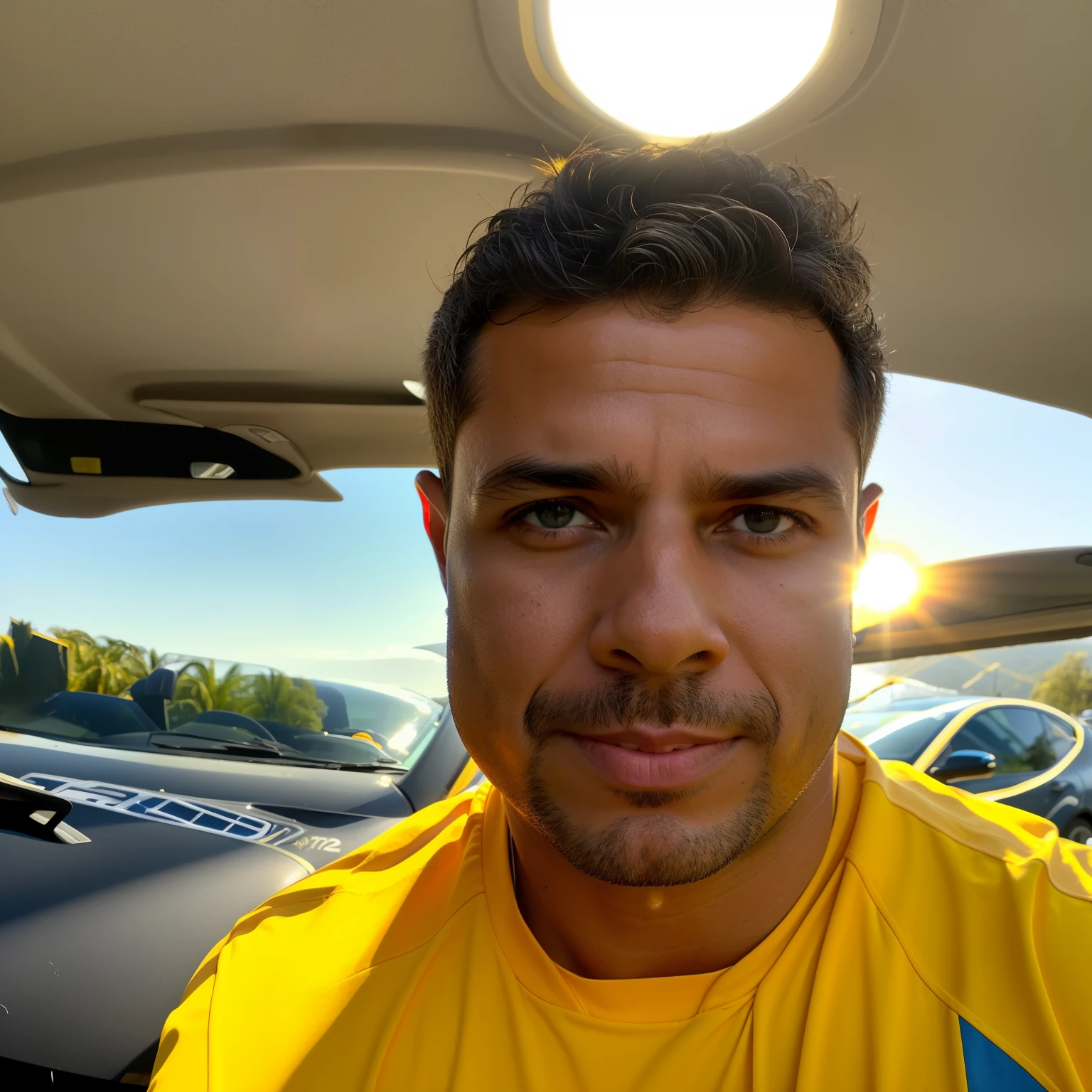 arafed man in yellow shirt standing in front of a car, edu souza, gui guimaraes, 45 years old men, icaro carvalho, ronaldo nazario fenomeno, 4 0 years old man, david rios ferreira, by Antonio Parreiras, 8k selfie photograph, ronaldo luis nazario de lima assassin