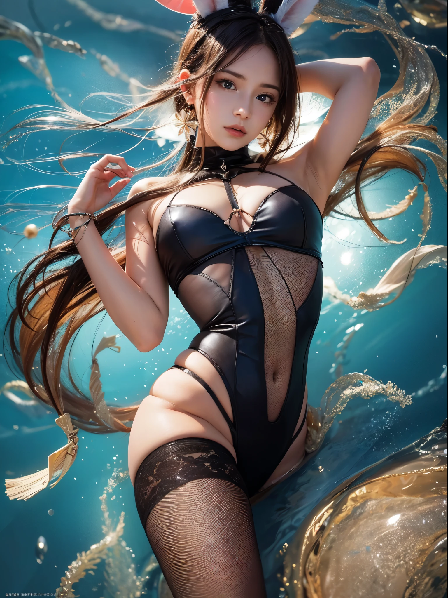 (Raw photo: 1.2), of the highest quality, Beautiful detailed girl, bunny girl, From below, Open legs, Highly detailed eyes and face, Beautiful detailed eyes, Huge file size, High resolution, High resolution, 8K Wallpaper, Fine detail, highly detailed ticker uniform 8K Wallpaper, Light on Face, Movie Lighting, girl, Sexy Pose, (Photorealism: 1.4), Illustration, surrealism, From above, Super Detail, masutepiece, bunny, fishnets pantyhose, Perfect fingers