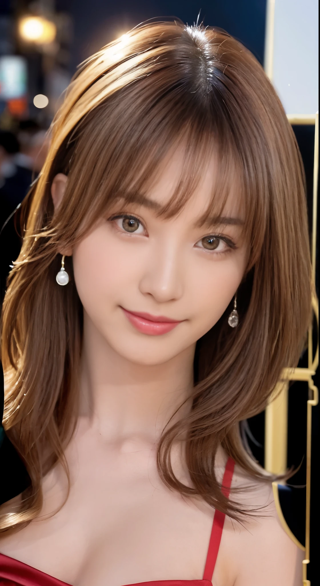 (Best Quality, masutepiece, photographrealistic, ultra-detailliert, 超A high resolution, raw:1.3), (4 girls, Beautiful Japan actress, 25 years old), double iris), (Smile), Detailed face, She has big ring earrings and red eyeshadow makeup.。，Bright blonde delicate mid-cut hair，The ends of the hair are wavy，Classy hairstyle，Detailed eyes, (Actress with slender figure，small tits, Smaller hips, sideboob barbosa), (Butt crack, naked waist, Bare back:1.3), (sexy silk embroidered mermaid dress:1.2), (from behind), up looking_で_viewer, BREAK black long hair, BREAK (Ceremony, Red carpet, Large crowds:1.5),My butt is also exposed，Profile beauty，