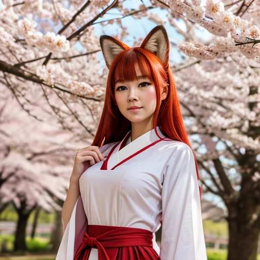 Fox girl, , 1 meter tall, peach skin, long scarlet red hair, blue eyes, three whisker marks on each side of the cheeks, small mouth and small nose with two scarlet ears on the top of the head . and nine scarlet-red tails protruding from her lower back and H-cup breasts and an hourglass figure in a Japanese priestess uniform standing under a sakura tree