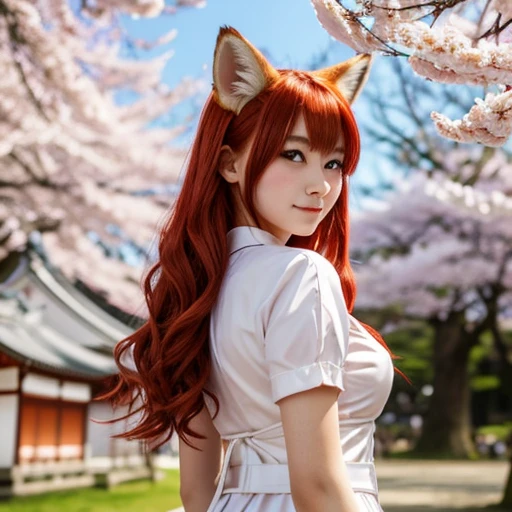Fox girl, 16 years old, 1 meter tall, peach skin, long scarlet red hair, blue eyes, three whisker marks on each side of the cheeks, small mouth and small nose with two scarlet ears on the top of the head . and nine scarlet-red tails protruding from her lower back and H-cup breasts and an hourglass figure in a Japanese priestess uniform standing under a sakura tree