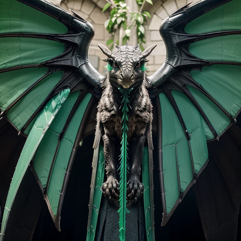 Erstelle mir einen Purpurnen Drachen, with wings that are transparent. The veins in the wings are green. Der Drache fliegt. Im Hintergrund sind Berge zu sehen. The dragon's eyes are loving and kind.
